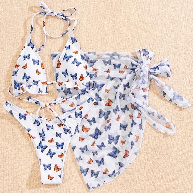3 Piece Women Bikini Modern Swimsuit Women High Cut Suit Halter Swimwear Women's Bikini Swimsuits With Wrap Skirt Lace Up Pieces Strings High Cut Bikini Set Bathing Suits Female Triangle Backless Bathing Suit
