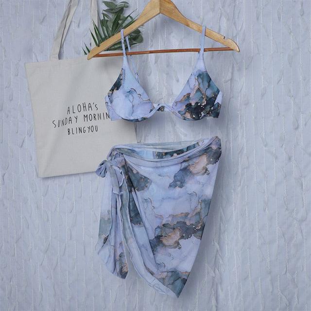 3 Piece Women Bikini Modern Swimsuit Women High Cut Suit Halter Swimwear Women's Bikini Swimsuits With Wrap Skirt Lace Up Pieces Strings High Cut Bikini Set Bathing Suits Female Triangle Backless Bathing Suit