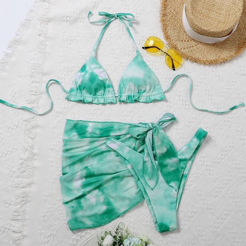 3 Piece Women Bikini Modern Swimsuit Women High Cut Suit Halter Swimwear Women's Bikini Swimsuits With Wrap Skirt Lace Up Pieces Strings High Cut Bikini Set Bathing Suits Female Triangle Backless Bathing Suit