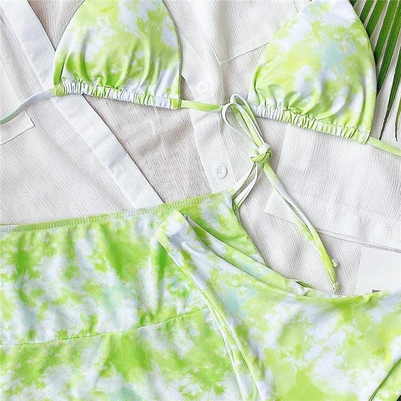 3 Piece Women Bikini Modern Swimsuit Women High Cut Suit Halter Swimwear Women's Bikini Swimsuits With Wrap Skirt Lace Up Pieces Strings High Cut Bikini Set Bathing Suits Female Triangle Backless Bathing Suit