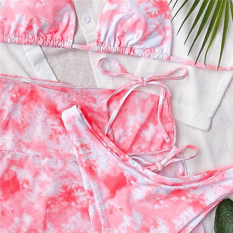 3 Piece Women Bikini Modern Swimsuit Women High Cut Suit Halter Swimwear Women's Bikini Swimsuits With Wrap Skirt Lace Up Pieces Strings High Cut Bikini Set Bathing Suits Female Triangle Backless Bathing Suit