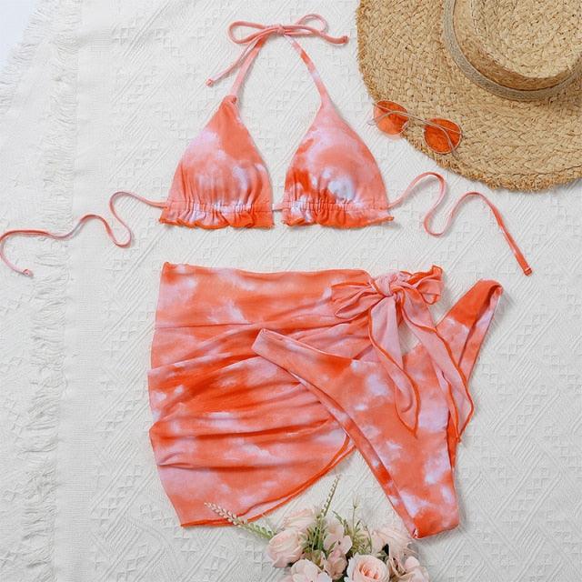 3 Piece Women Bikini Modern Swimsuit Women High Cut Suit Halter Swimwear Women's Bikini Swimsuits With Wrap Skirt Lace Up Pieces Strings High Cut Bikini Set Bathing Suits Female Triangle Backless Bathing Suit