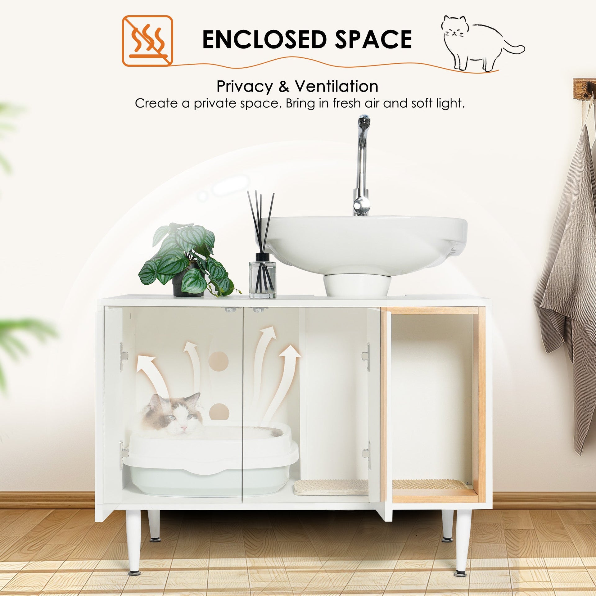 Bathroom sink cabinet, with cat trash can shell, hidden garbage pet bathroom, with partition, wooden cabinet furniture, white