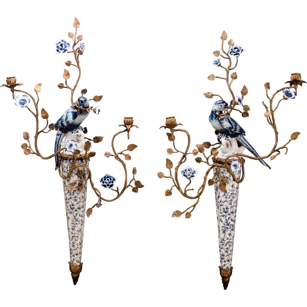 Pair Blue and White Wall Hanging Candlestick