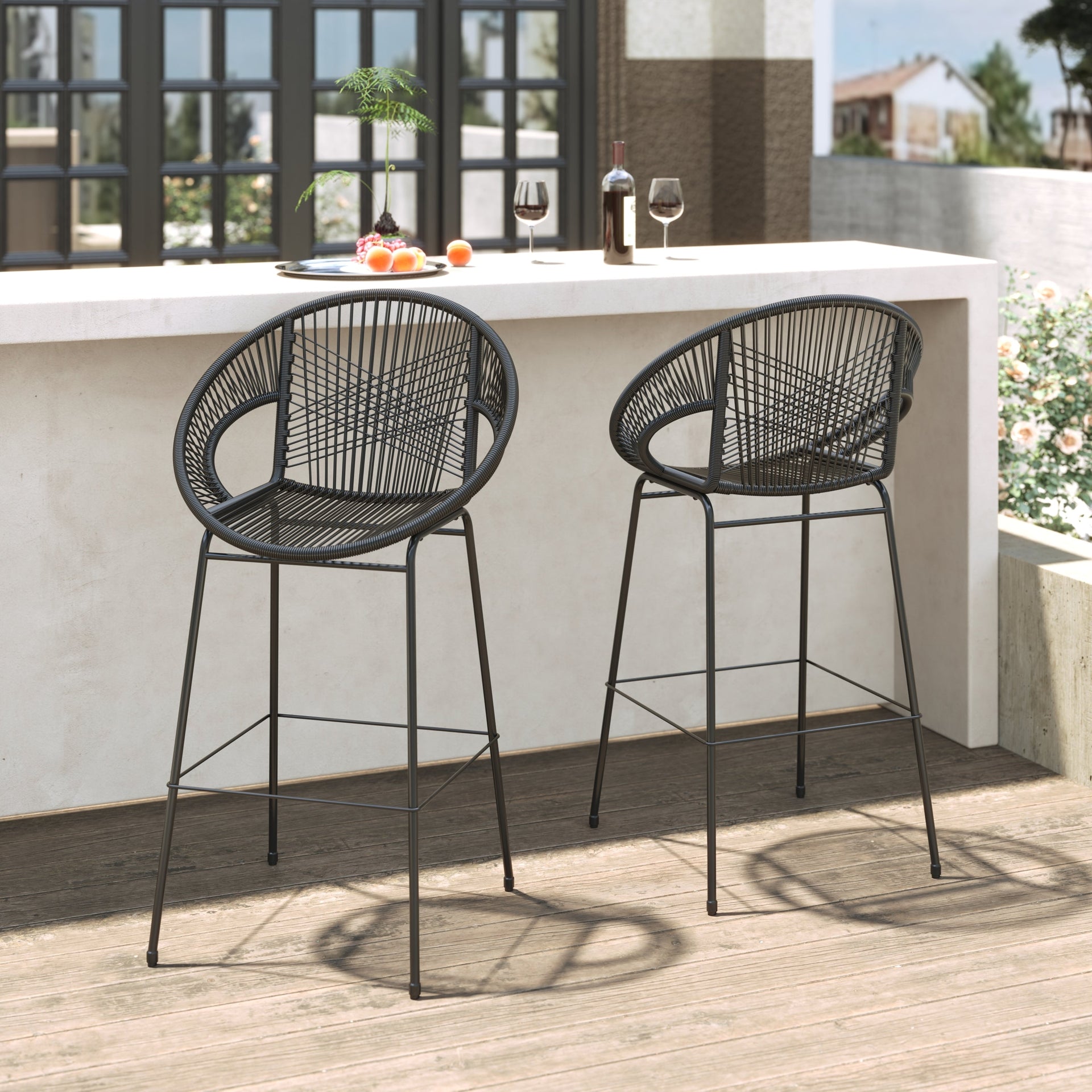 Ferrara Outdoor Patio Barstool Set of 2, Black Faux Wicker PE Rattan with Iron Frame