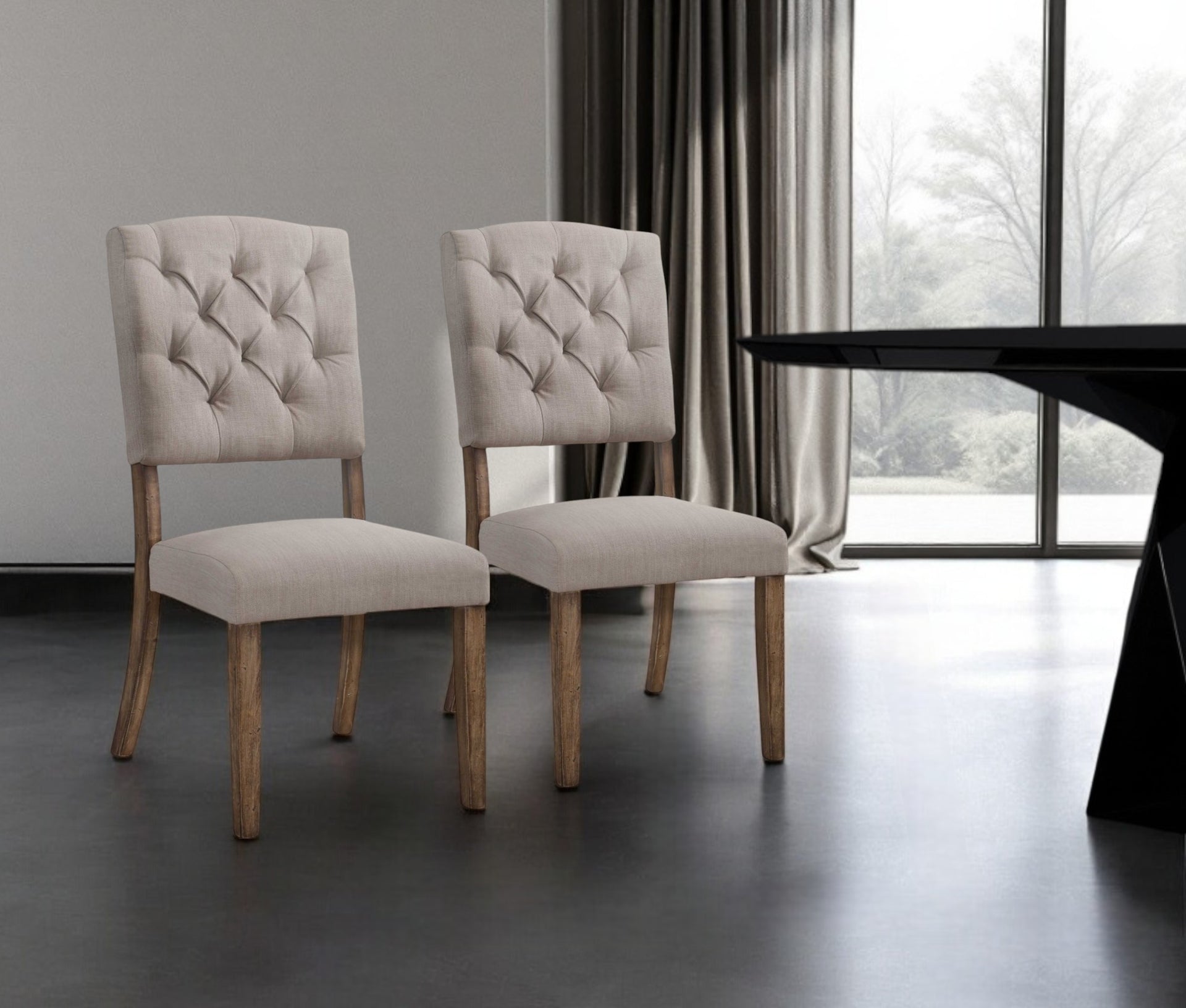 Set of Two Tufted Cream and Brown Upholstered Linen Open Back Dining Side Chairs
