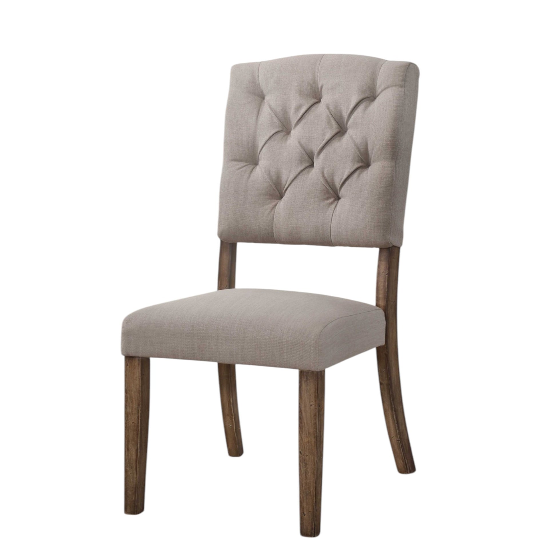 Set of Two Tufted Cream and Brown Upholstered Linen Open Back Dining Side Chairs