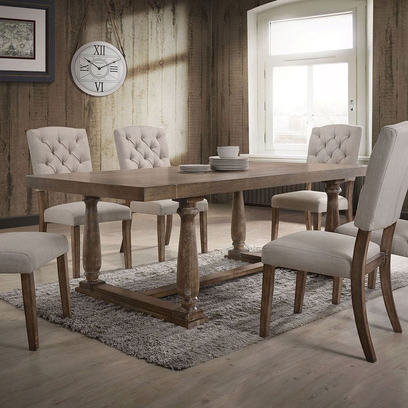 Set of Two Tufted Cream and Brown Upholstered Linen Open Back Dining Side Chairs
