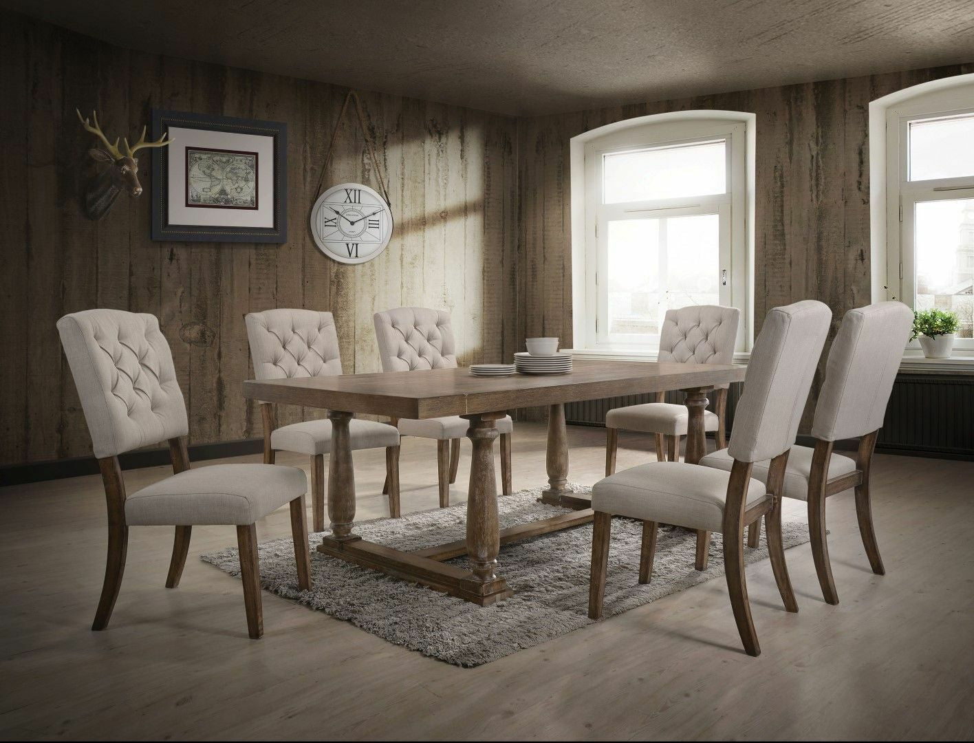 Set of Two Tufted Cream and Brown Upholstered Linen Open Back Dining Side Chairs