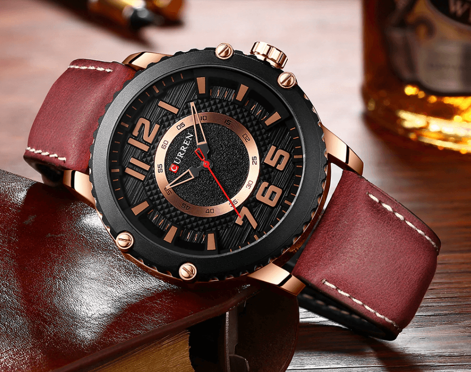 Men's Waterproof Sport Watch With Leather Belts And Large Numbers Details Unique Design Perfect Gift