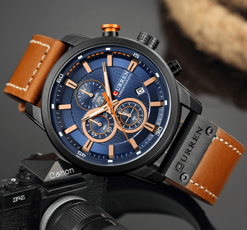 Men's Waterproof Elegant Sport Watch With Chronometers Day View, Leather Belts And Hardlex Scratch Resistant Glass Perfect Gift For Him