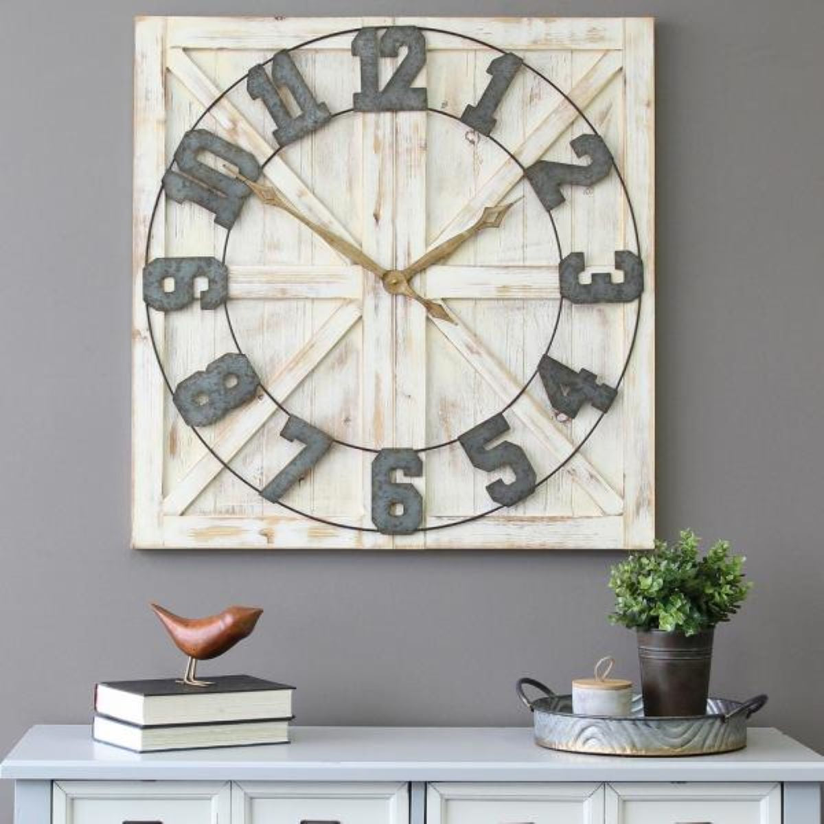 Square Distressed Wood And Metal Wall Clock