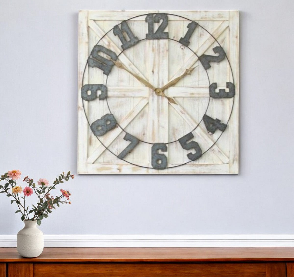 Square Distressed Wood And Metal Wall Clock