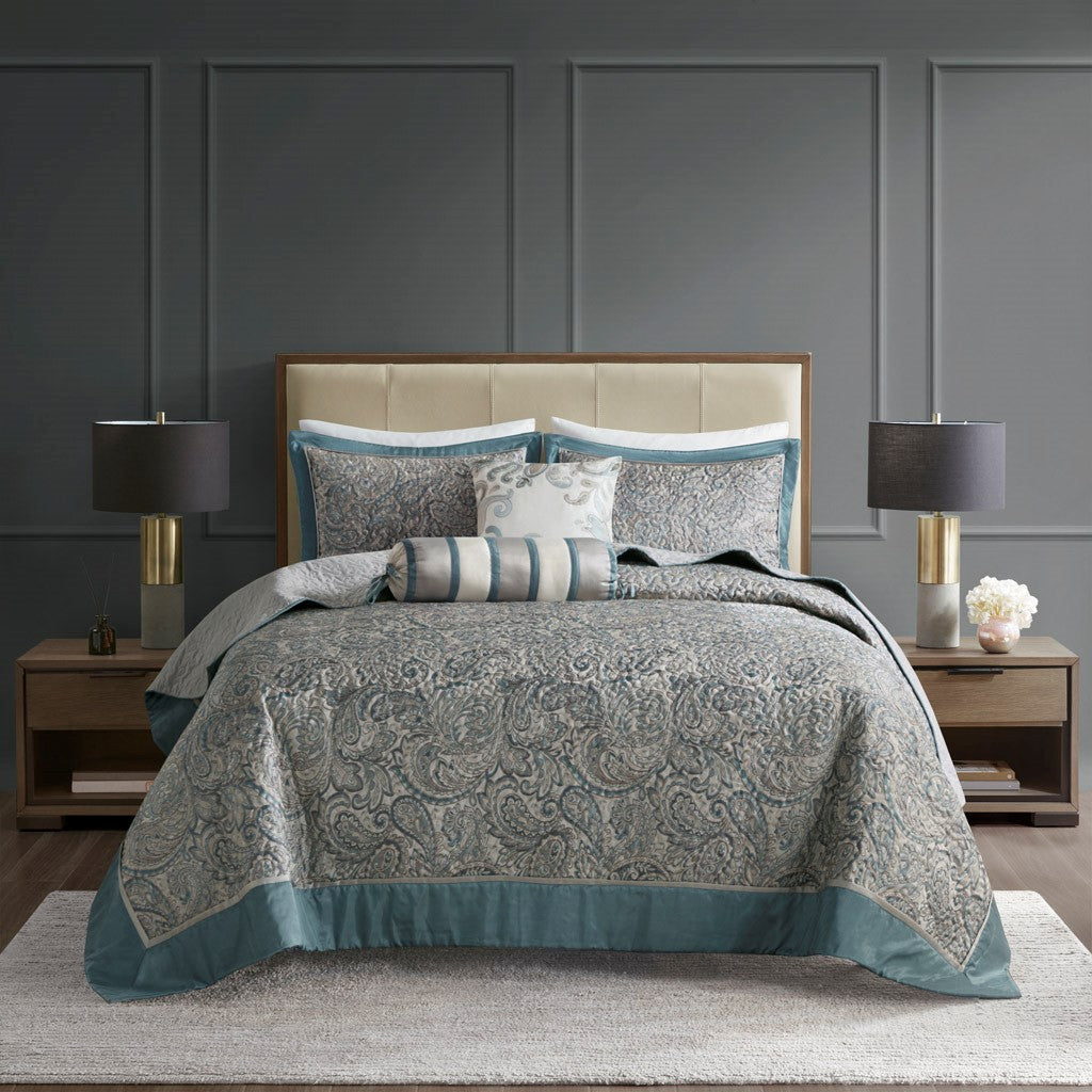 Aubrey 5 Piece Reversible Jacquard Bedspread Set in Teal