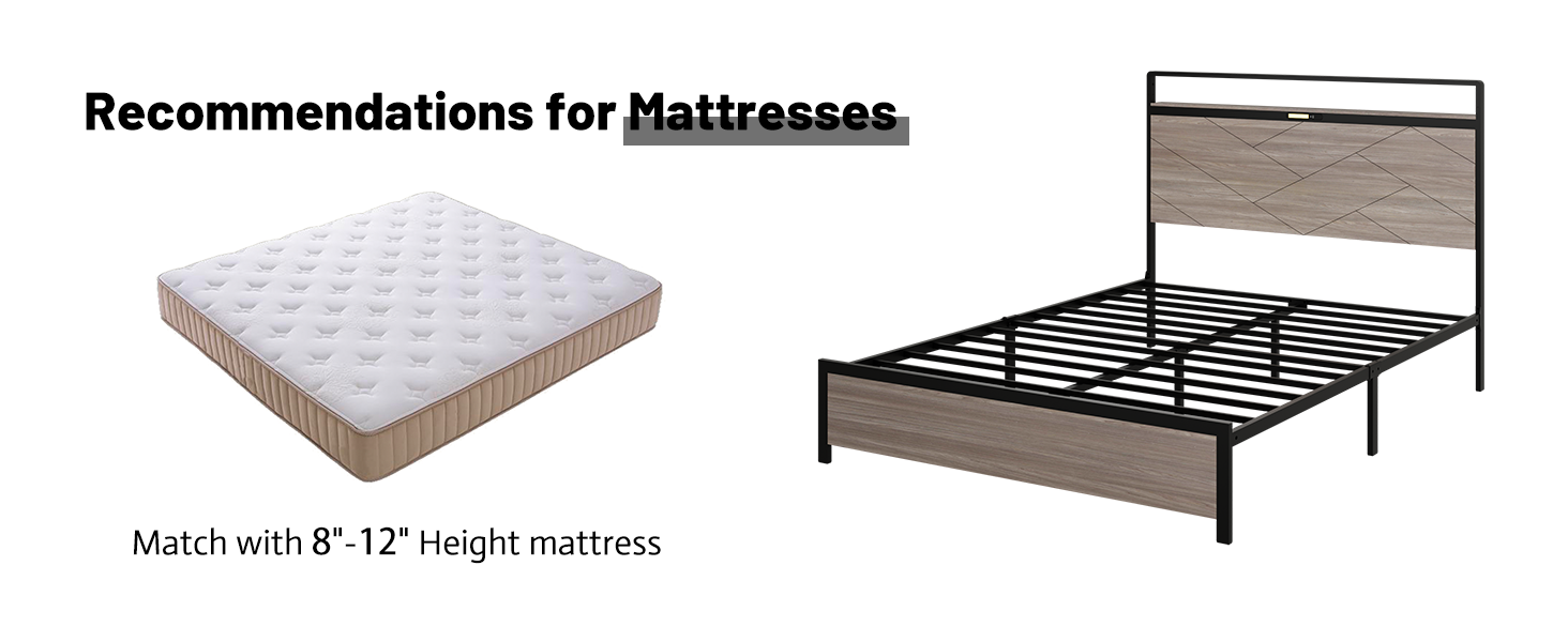 Bed frame full size, wooden platform bed frame with storage LED light headboard and 2 USB, no noise, no spring mattress required and simple assembly tools, large underbed storage, brown