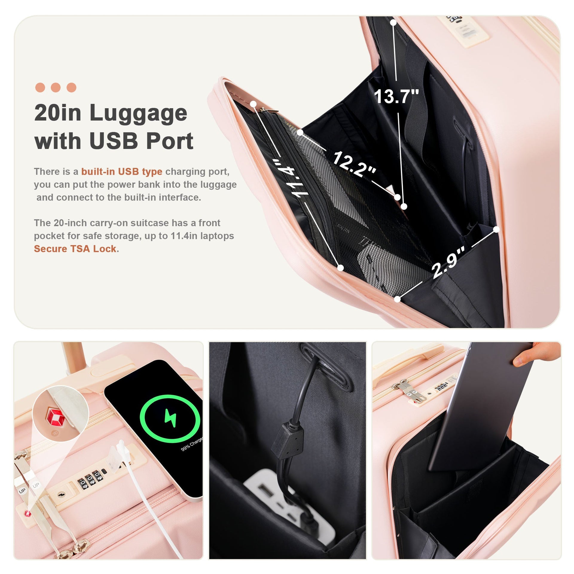 Luggage Sets 3 Piece, 20-inch with USB Port and front opening design, ABS Hard Shell Luggage with Spinner Wheels, Cup Holder, pink