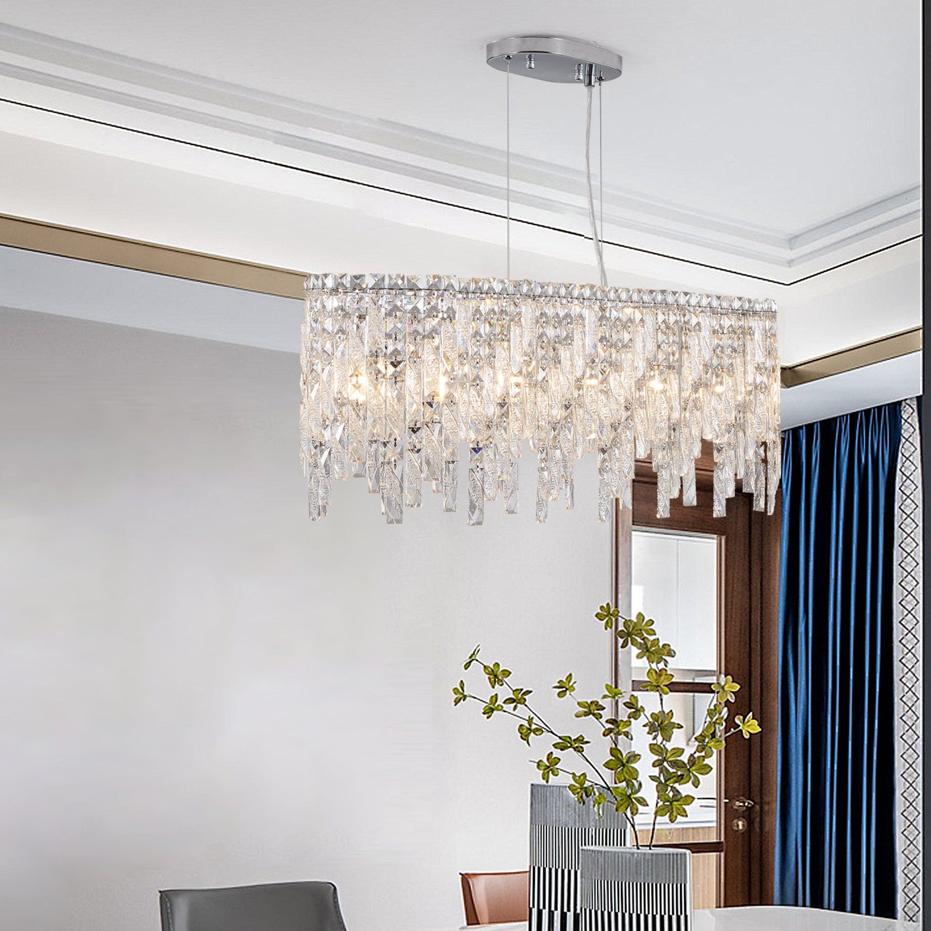 Silver Elegant Oval Crystal Chandelier, Modern Ceiling Light Fixture with Reflective Hanging Crystals for Dining Room, Living Room, and FoyerS (Bulbs Not Included)