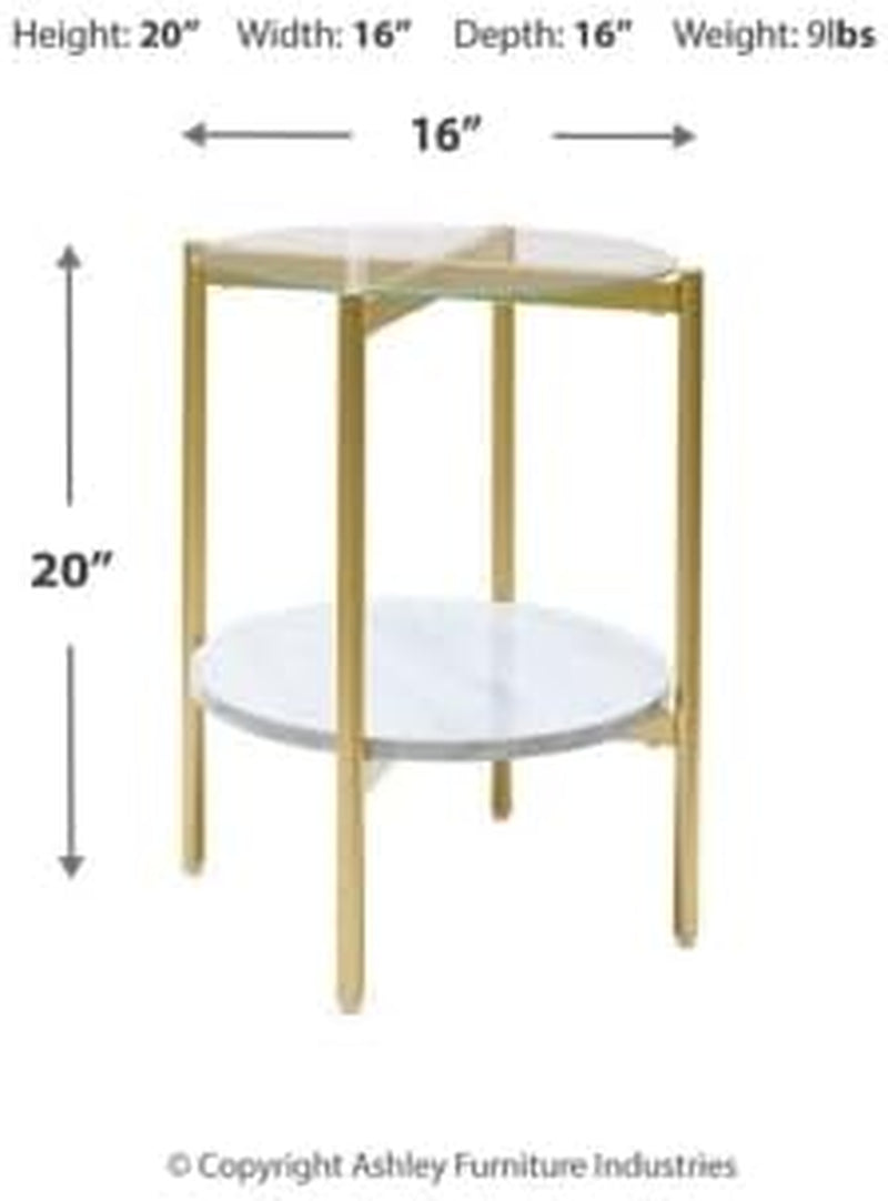 Wynora Contemporary round End Table with Glass & Faux Marble, White & Gold