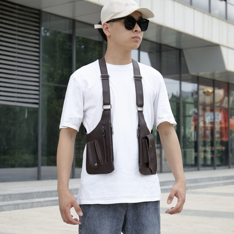 A medieval - style leather harness bag that is an anti - theft wallet, phone pouch, and suitable for men's Viking cosplay.