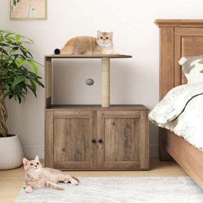 34.5 Inch Cat Tree with Litter Box Enclosure with Sisal Scratching Post and Mat-Gray