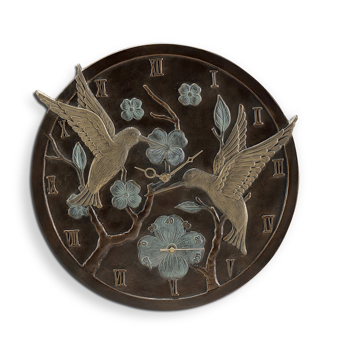 Hummingbird Pair Wall Mounted Garden Clock and Thermometer