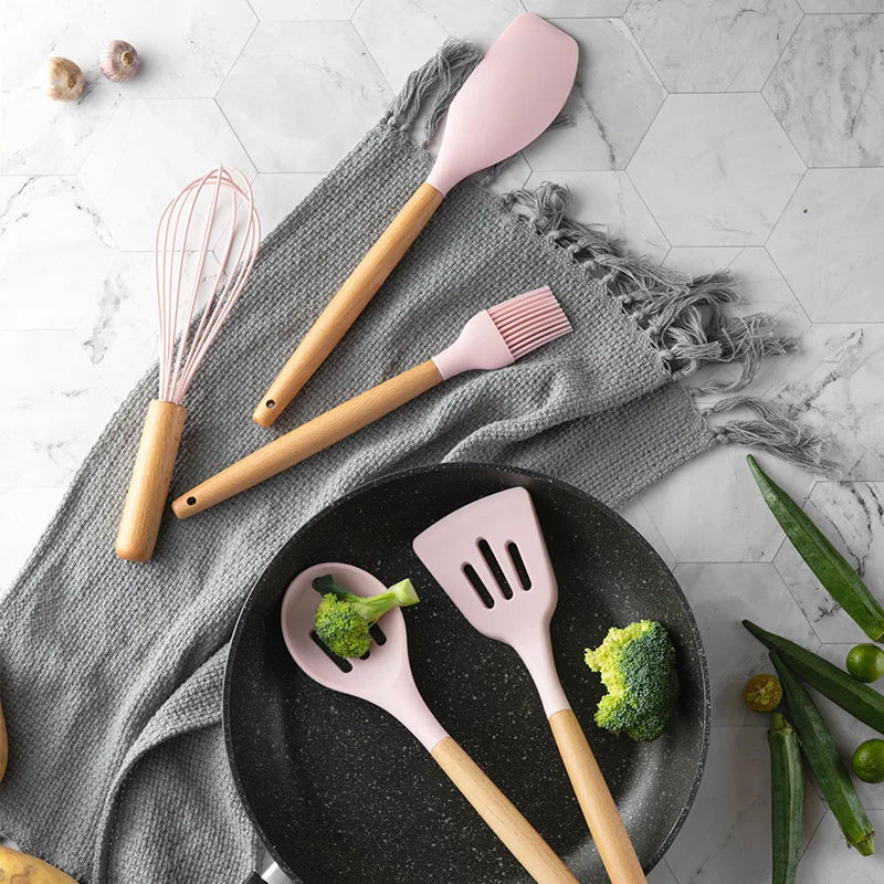 1Pc Psilicone Kitchen Utensils Set Non-Stick Cookware for Kitchen Wooden Handle Spatula Egg Beaters Kitchenware Accessories