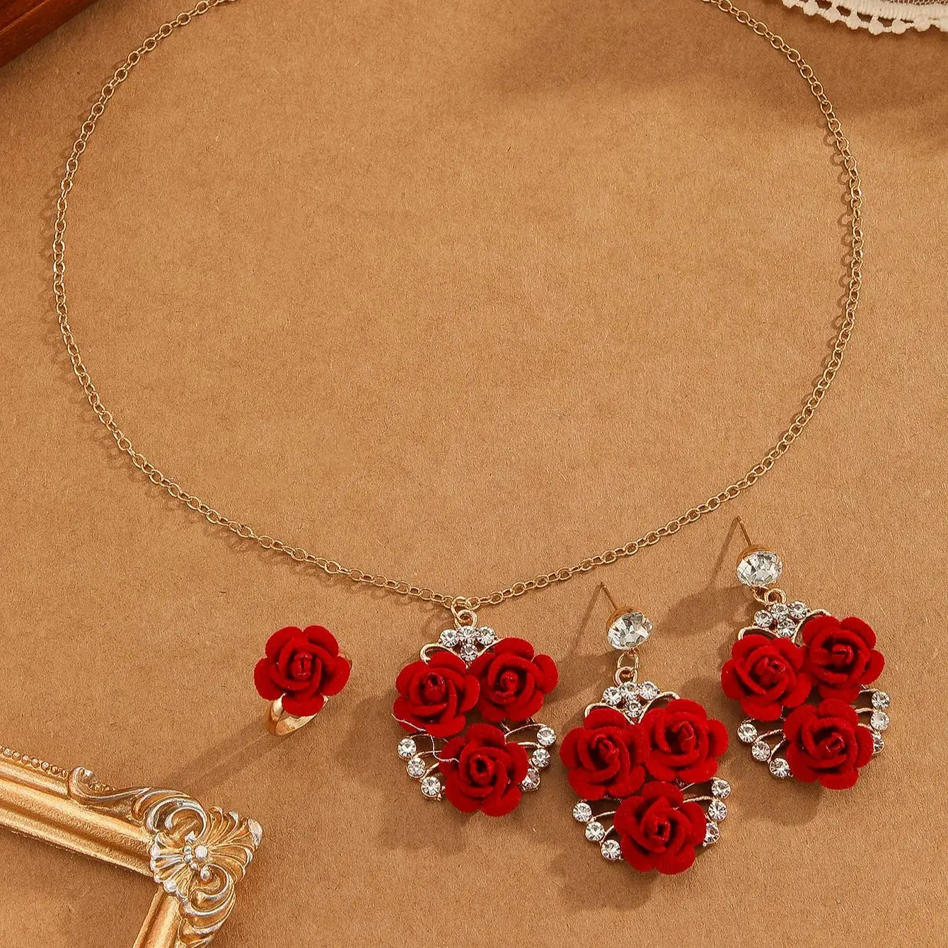 4pcs/Set Romantic Lovely Red Rose Flower Inlaid Rhinestone Pendant Necklaces+Dangle Earrings+Ring,For Women Valentine'S Day Gift