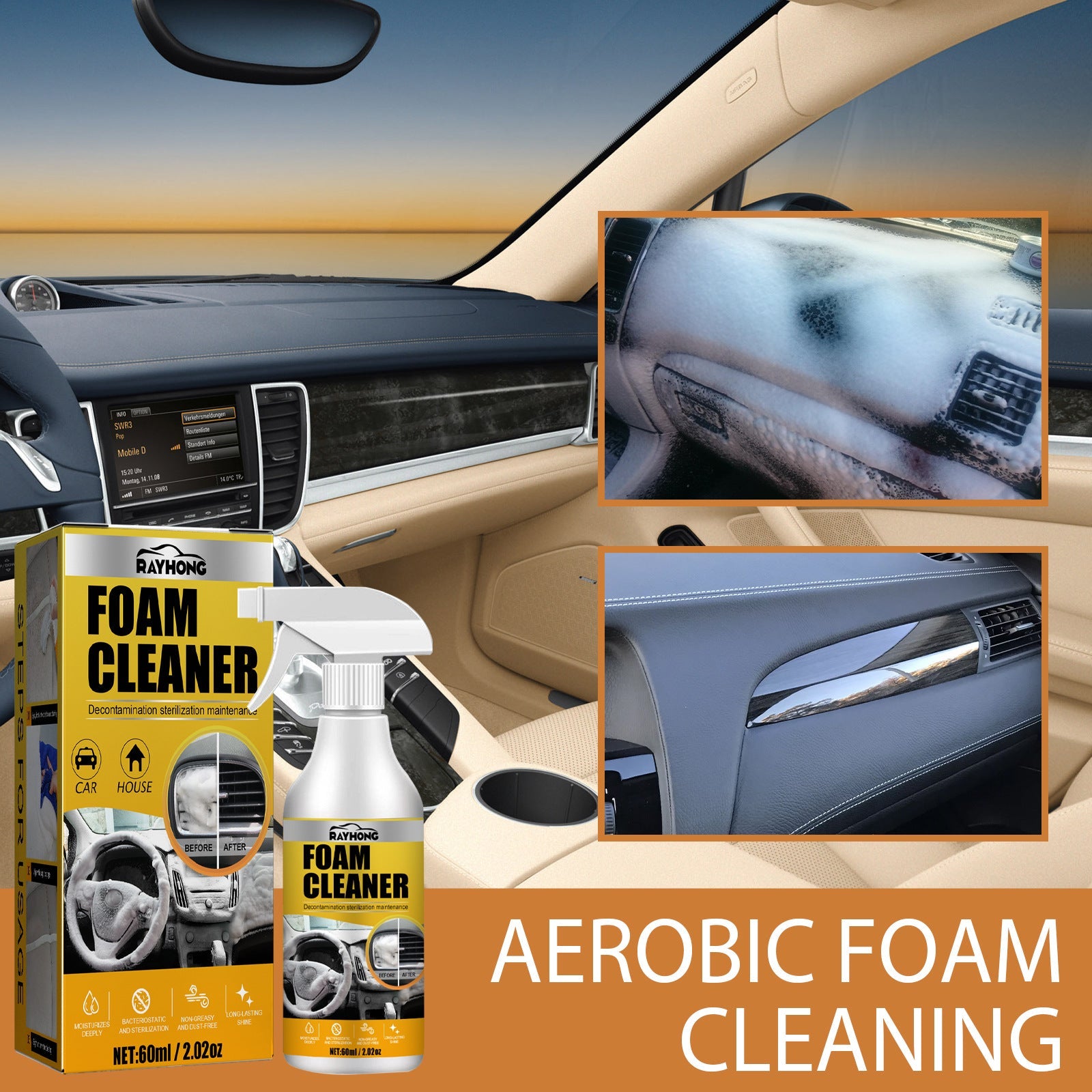 Car Interior Foam Cleaner, Wash Free Decontamination Seat Ceiling Instrument Panel Foam Cleaner