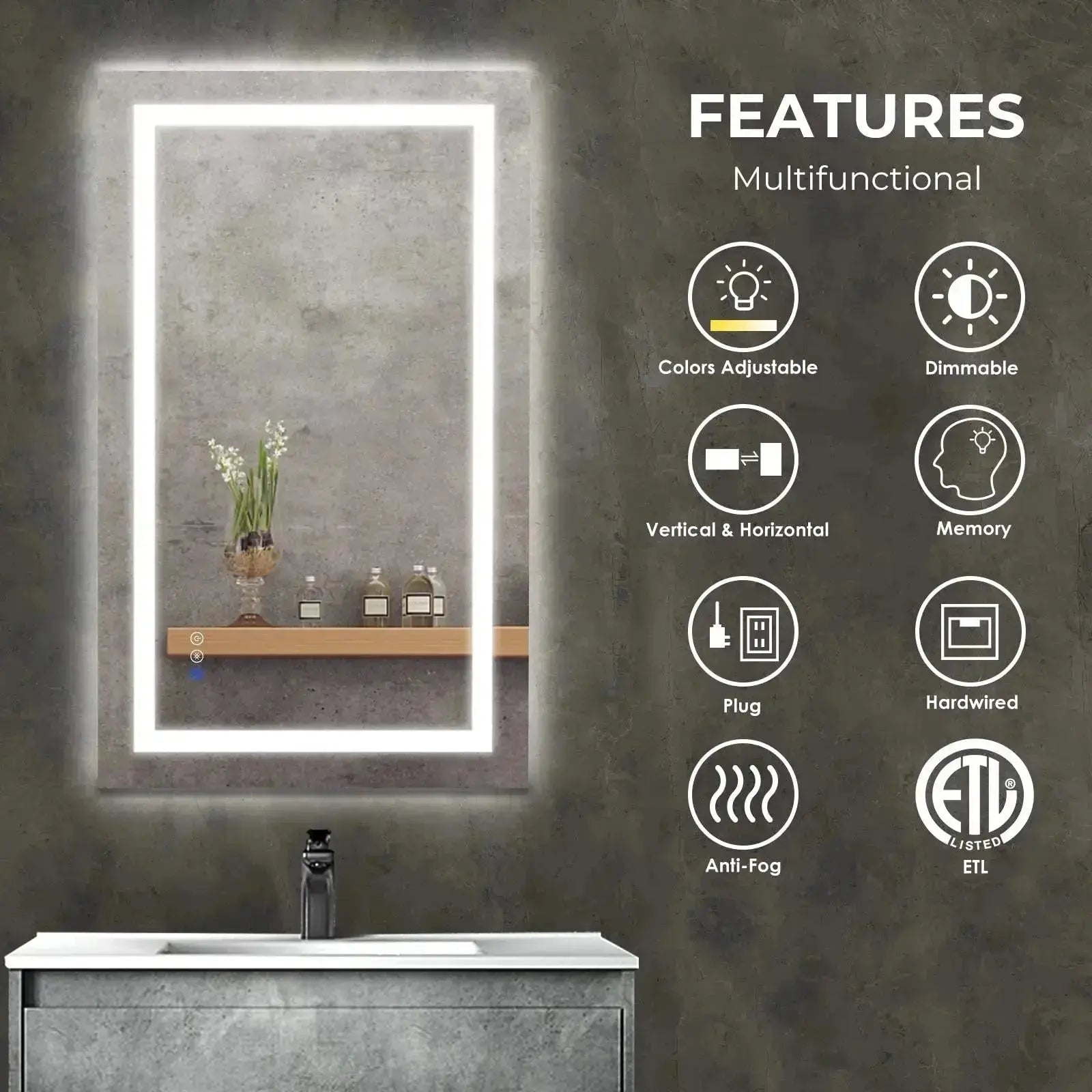 36 x 24 Inch Center Glow LED Bathroom Mirror