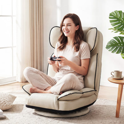 360 Degree Swivel Floor Gaming Chair with 6-Position Adjustable Backrest and Sponge Filling-Beige