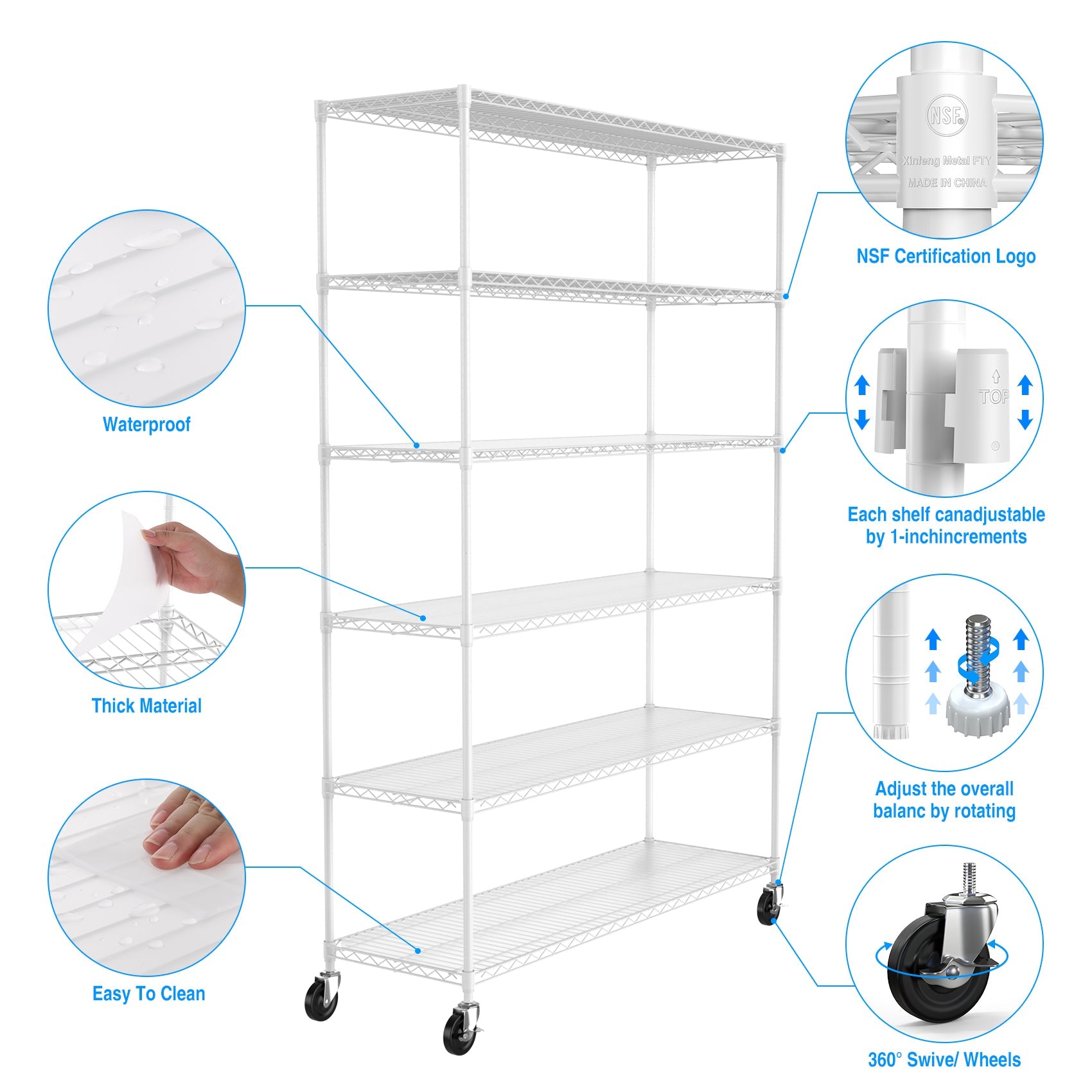 6 Tier Wire Shelving Unit 6000 LBS NSF Height Adjustable Metal Garage Storage Shelves with Wheels White