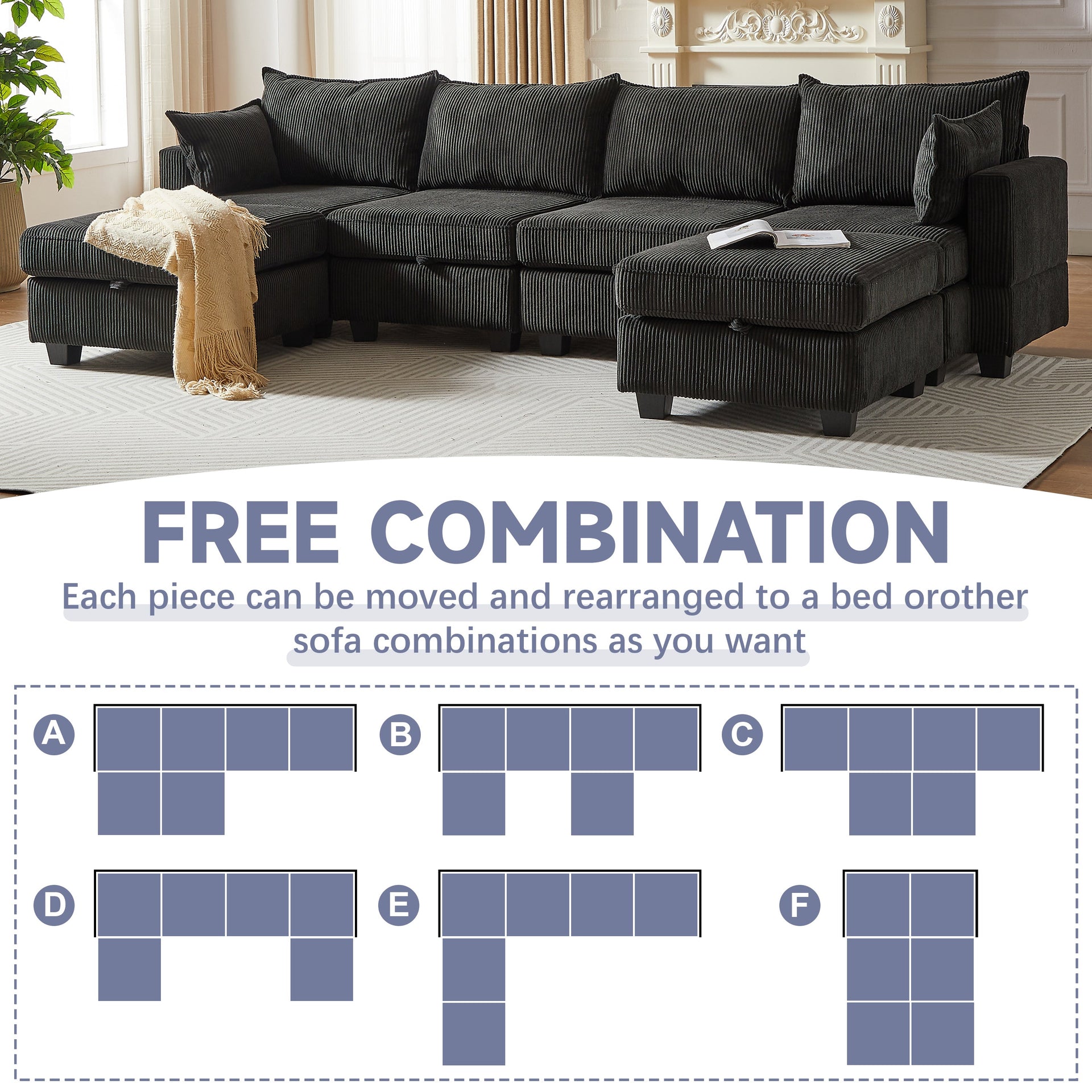 113.5'' Modular Sectiona Corduroy Sofa, Sectional Couches for Living Room U Shaped Sectional Couch with Storage Ottoman, 6 Seats Convertible Sectionals with Chaise