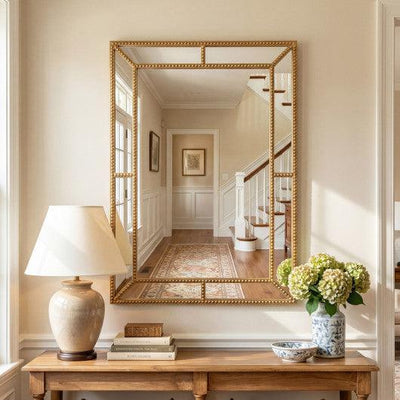 36 x 24 Inch Gold Wall Mirror with Beaded Frame for Living Room-Gold
