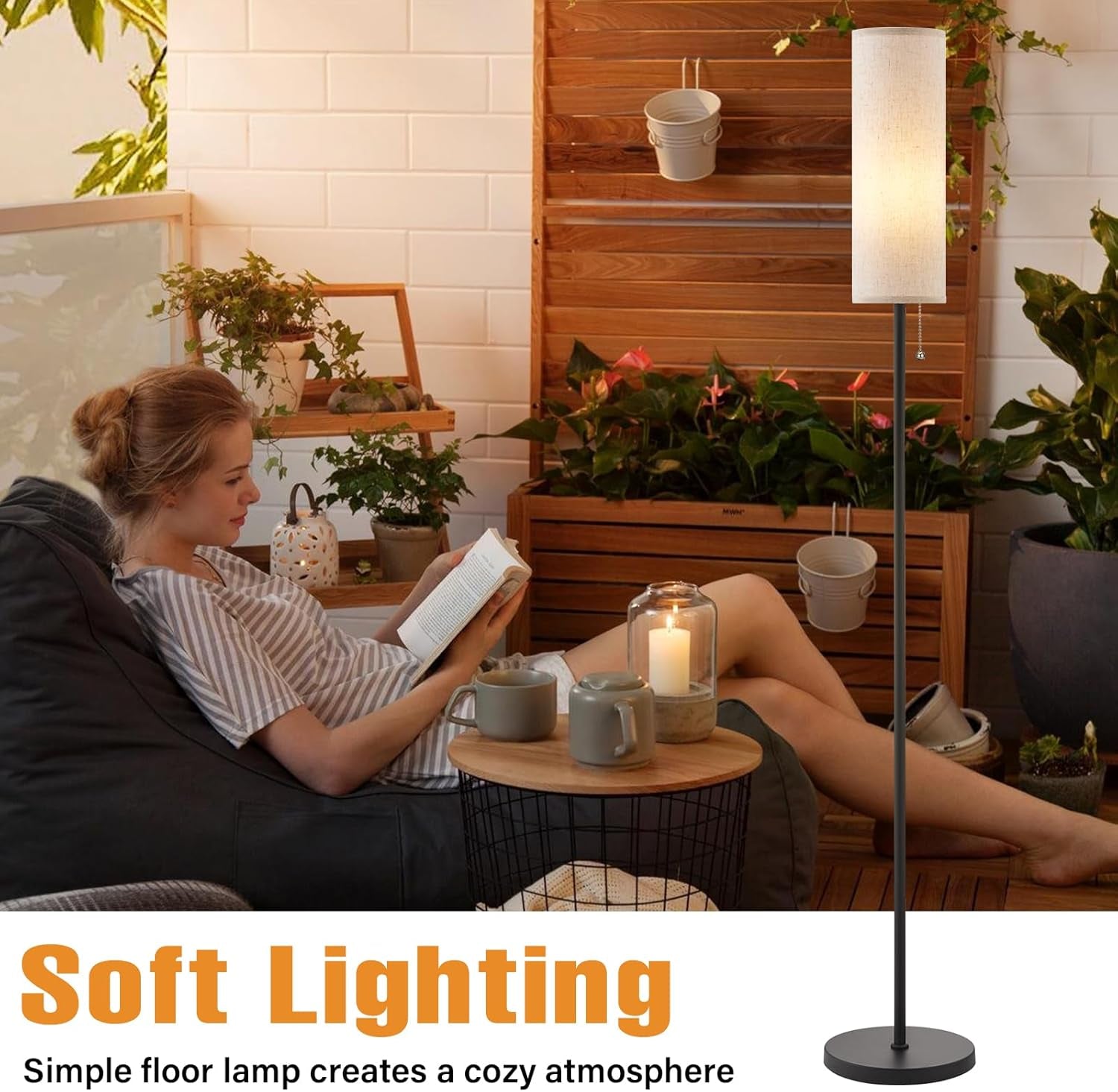 64'' Floor Lamp for Living Room with Bulb - Tall Lamps with Beige Lampshade & Pull Chain Switch, Pole Lamps for Bedrooms Tall, Minimalist Floor Lamp