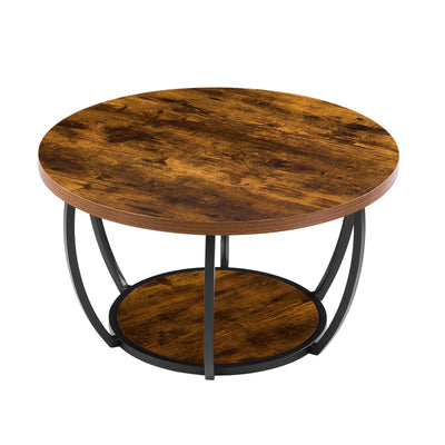Coffee Table, Modern Round Coffee Table, 2 Tiers Wooden Circle Center Desk With Open Storage, Minimalist Sturdy Metal Frame Accent End Desk For Living Room, Office, Easy Assembly, Rustic Brown