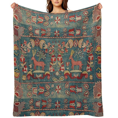 ANTIQUE RED BLUE SWEDISH TAPESTRY WITH DEERS AND FLOWERS Throw Blanket