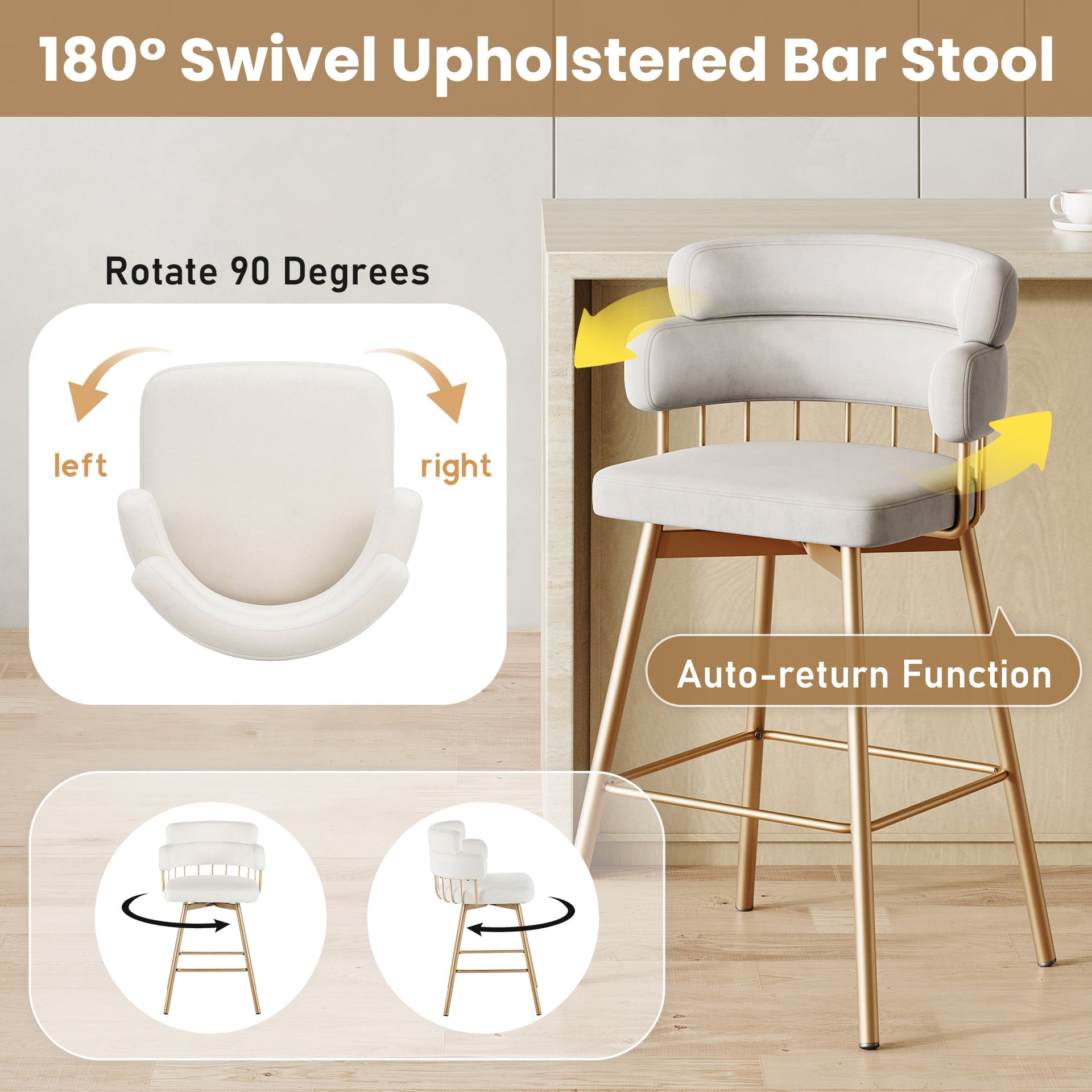 26' Counter Height Bar Stools Set of 2, 180° Swivel Upholstered Barstools with Backs and Metal Legs, Bar Stools for Kitchen Island, Cafe, Pub,