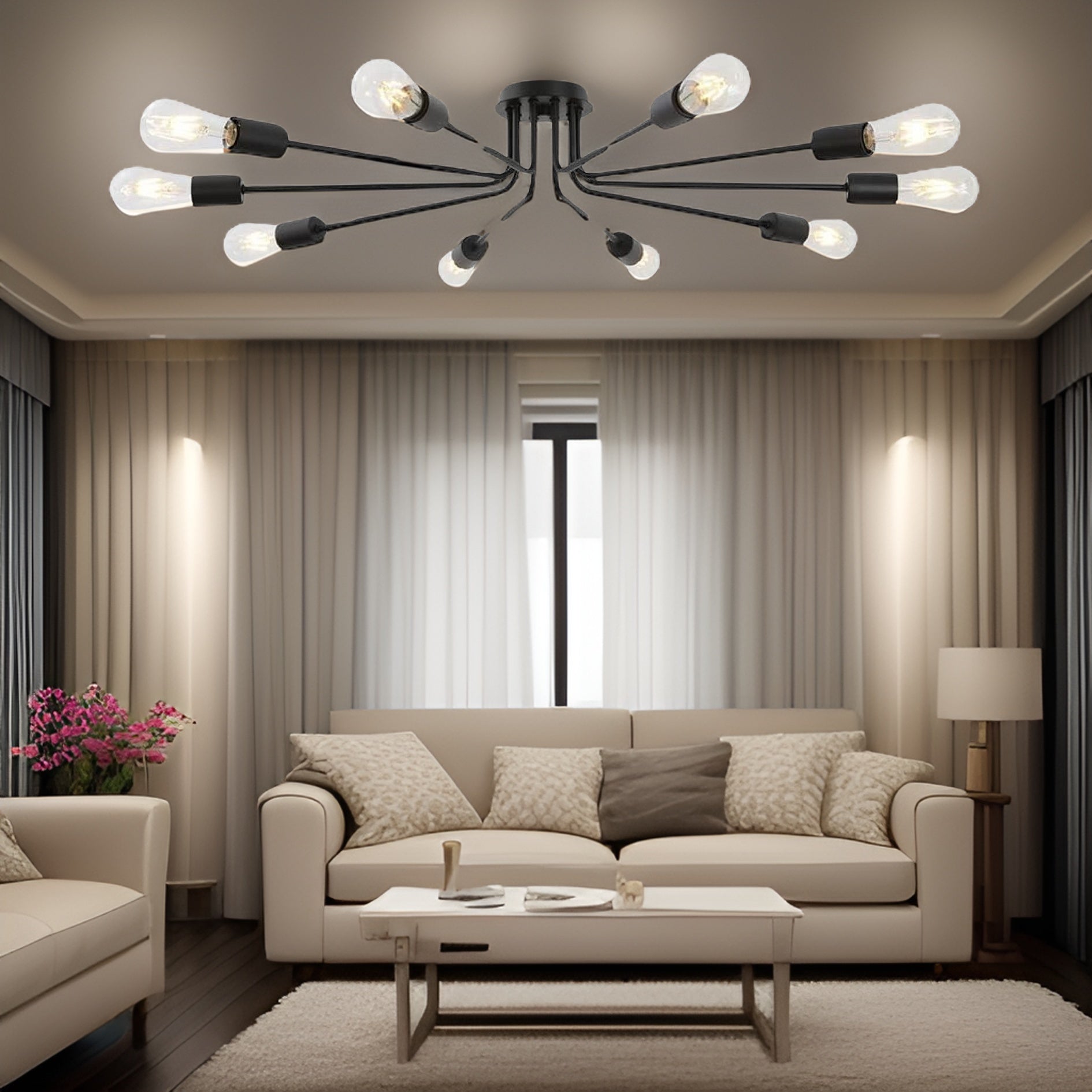 10 Light Sputnik Chandelier Black Ceiling Light Semi Flush Mount Light Ceiling Lamp