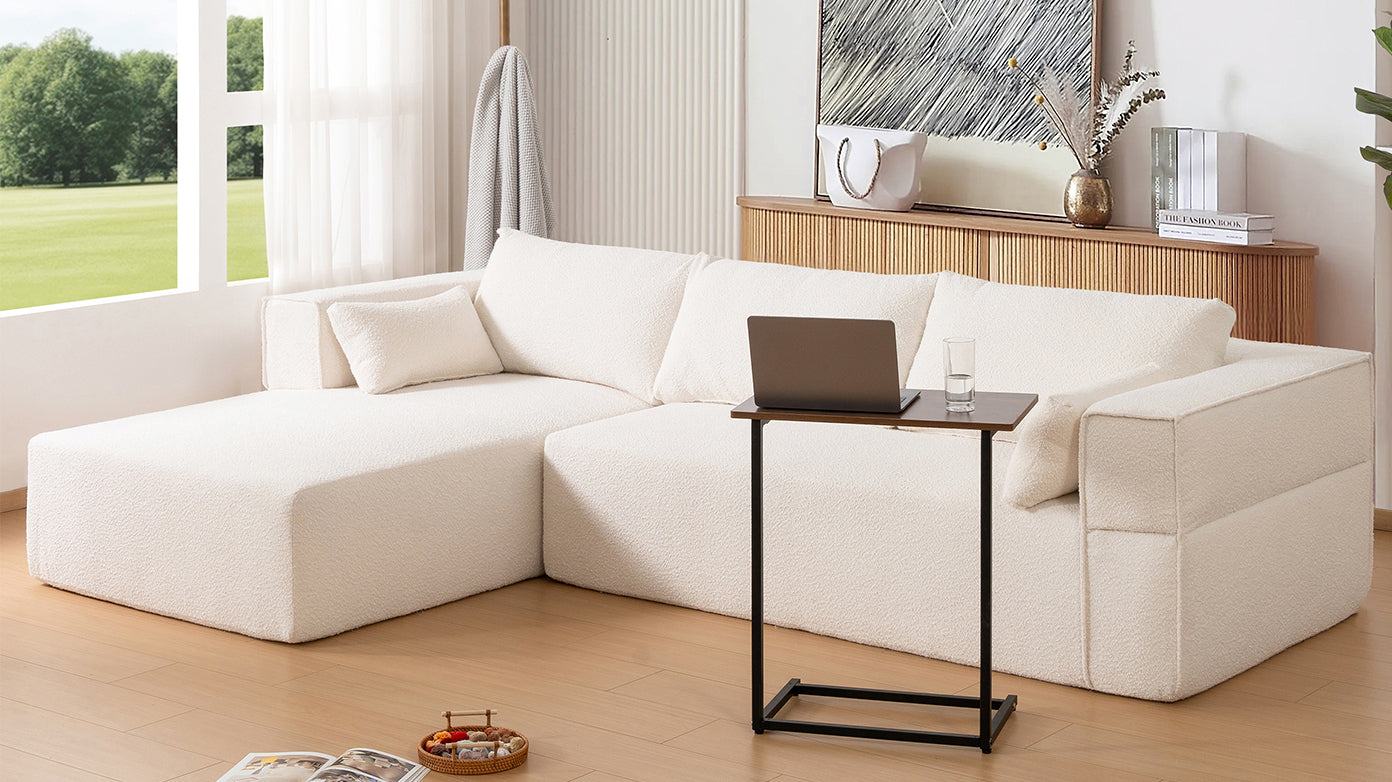 112'Modular Sectional Sofa with Free Side Table,Wide Seat,Fully Compressed,Wrinkle-resistant Boucle Fabric Couch with Chaise,Free Combination,L-Shaped Sofa for Living Room,No Assembly Required,3 Color
