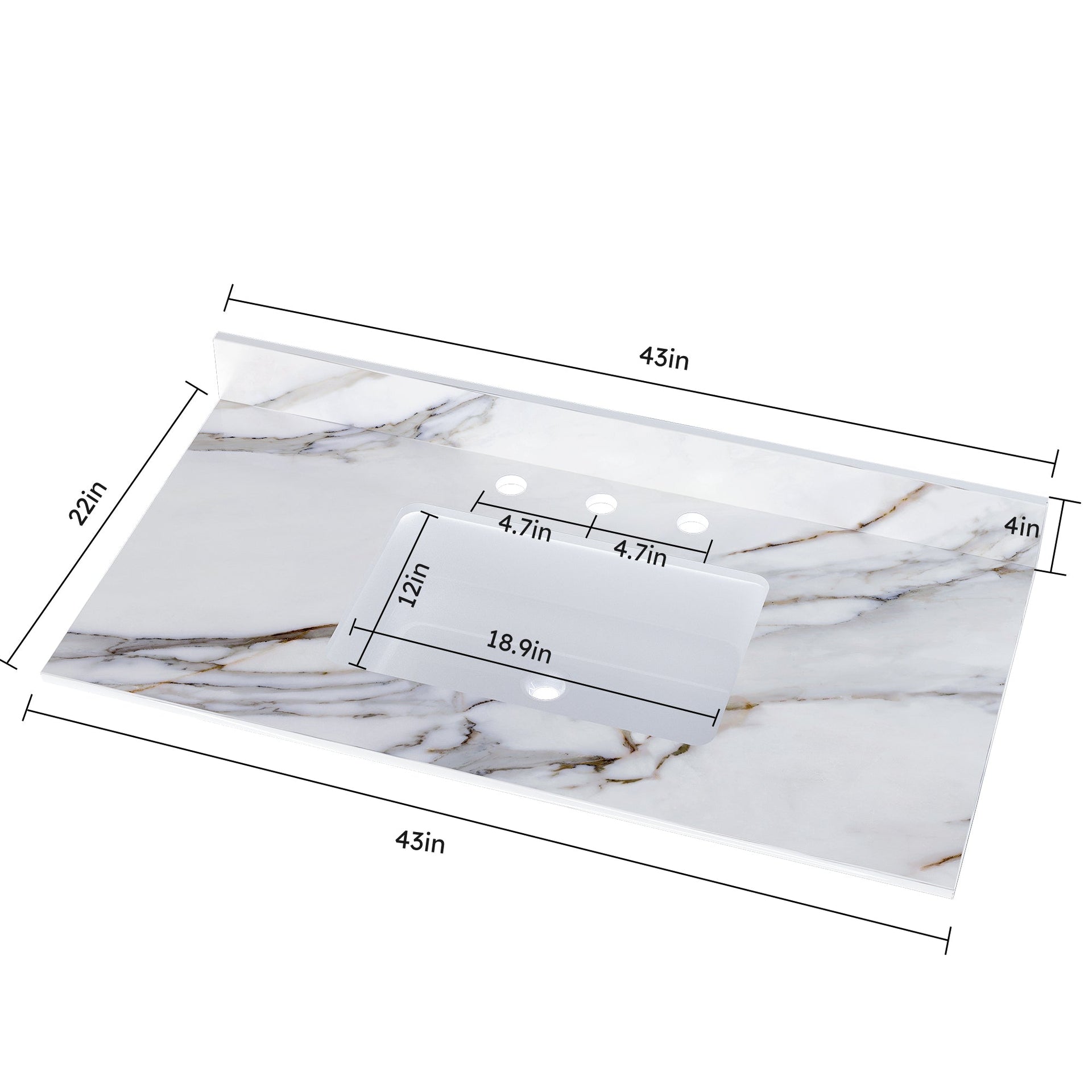 43 inch marble countertop with base rectangular central sink and 4-inch high splash guard, pre drilled 8-inch faucet hole ,white