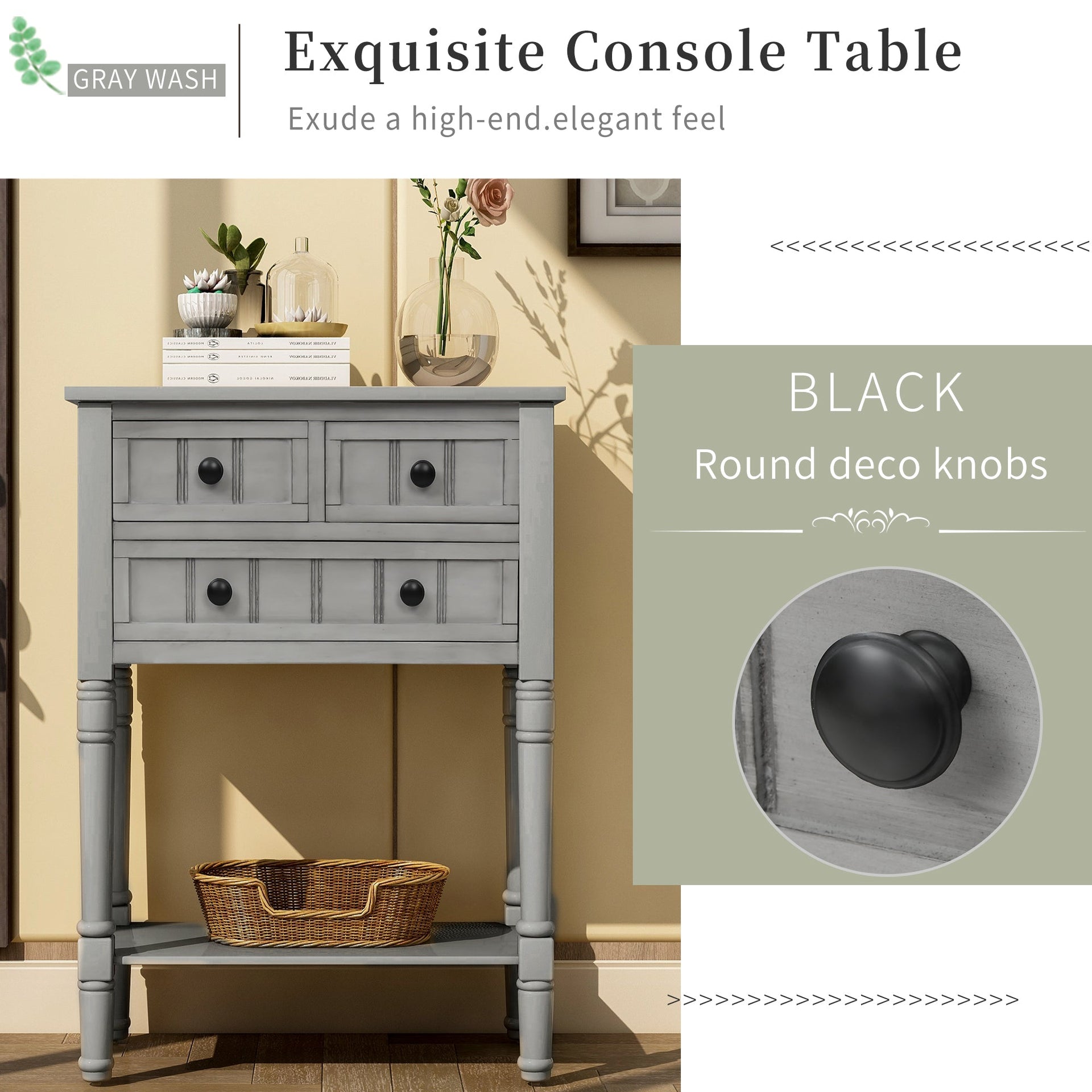 TREXM Narrow Console Desk, Thin Sofa Table with Three Storage Drawers and Living Room Bottom Shelves (Grey Washed)