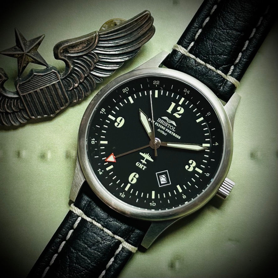 B-17 Tribute - Stainless Steel, Brush Finish, Black Dial, Black Leather Band with Stitching Bristol Watch