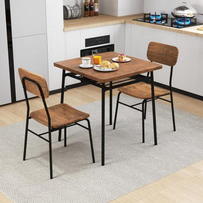 3 Piece Dining Table Set for 2 Wood Square Table with Metal Frame-Brown