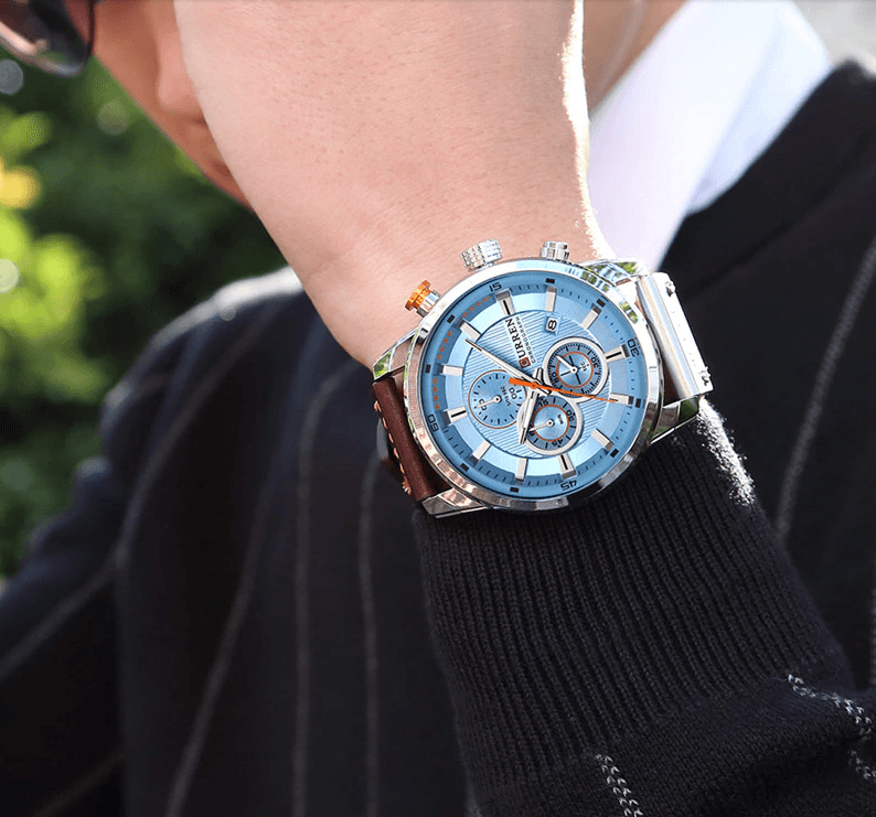 Men's Waterproof Elegant Sport Watch With Chronometers Day View, Leather Belts And Hardlex Scratch Resistant Glass Perfect Gift For Him