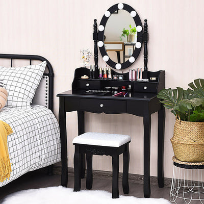 Oval Mirror Vanity Set with 10 LED Dimmable Bulbs and 3 Drawers-Black