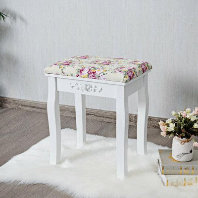 Vanity Wood Dressing Stool Padded Piano Seat with Rose Cushion-White