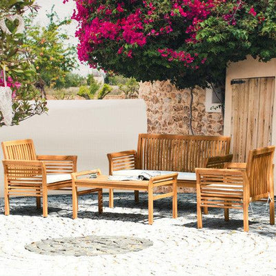 4 Pieces Outdoor Acacia Wood Sofa Furniture Set