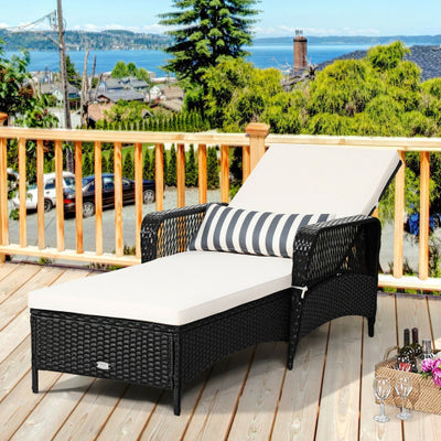 PE Rattan Armrest Chaise Lounge Chair with Adjustable Pillow-Off White