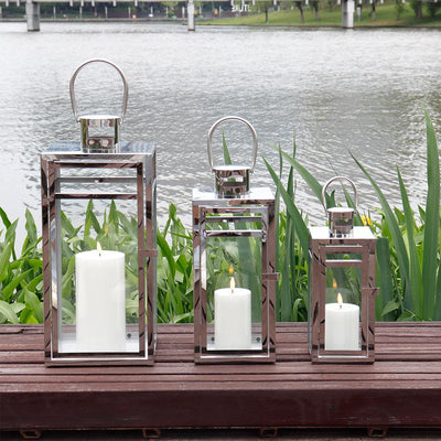 19''&15''&12'' H Stainless Steel Metal Candle Lantern Candle Holder with Clear Glass Panels(Set of 3)