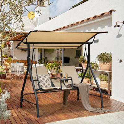 2-Seat Outdoor Cushioned Porch Swing with Adjustable Canopy and Tempered Glass Table-Beige